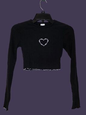 Garage Black Embroidered Barbed Wire Heart Long Sleeve Crop Top